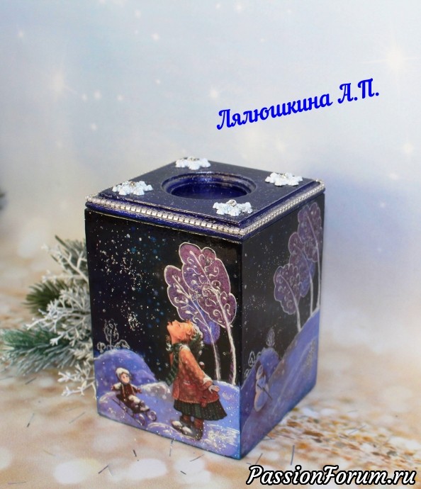 Короба - подсвечники "Рождественские мотивы" , "Ангел Рождества", "Вкус снежинки" .