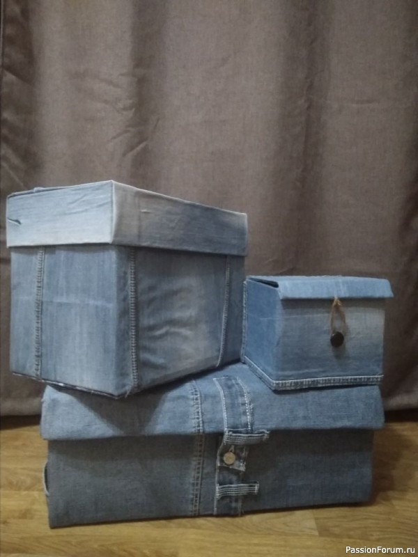 Чемодан, короб и коробочка (картон + джинса)