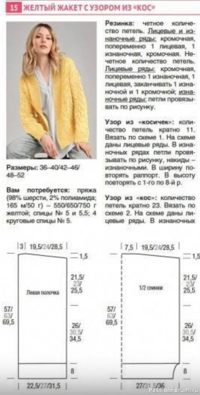 Желтый кардиган узором "косы". Схемы