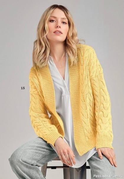 Желтый кардиган узором "косы". Схемы