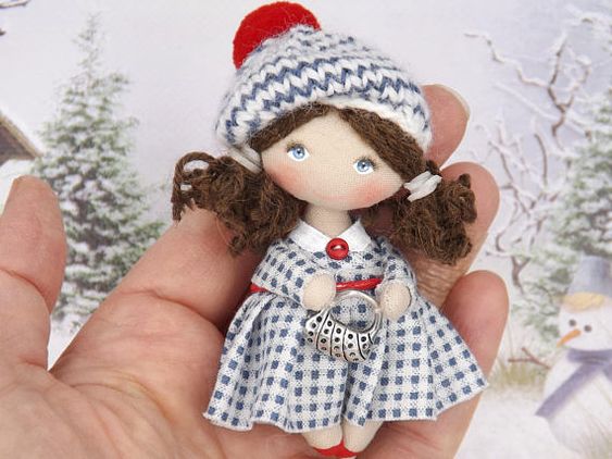 Little OOAK collectible dollhouse miniature doll, birthday gift handmade doll, rag cloth art doll, pocket doll, mini fabric doll Miniature doll 3-1/8 in. Fun gift for a girl 3 to 99 years! original back to school gift! Ready to ship Size 3-1/8 , Handmade, its body made of cotton, hair