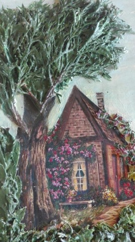 Картина в раме в технике терра "Одинокий домик"