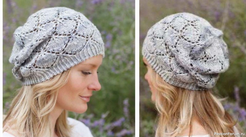 Шапка с ажурным узором и объемным декоративным элементом. Схема