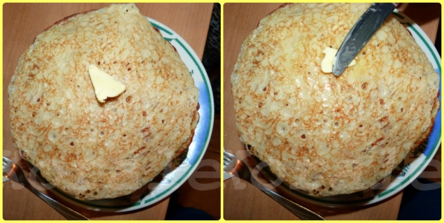 Каждый блин промазываем кусочком сливочного масла. На это количество у меня уходит пол пачки. Каждый блин промазываем кусочком сливочного масла. На это количество у меня уходит пол пачки.