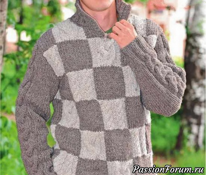 Пуловер с шахматным узором. Описание и схема