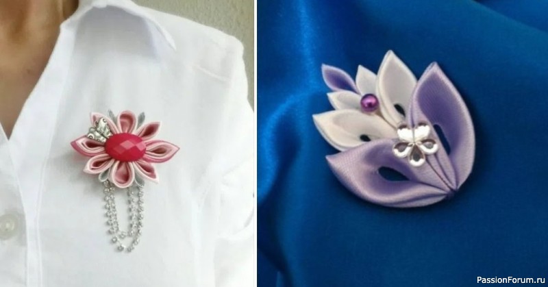 Броши из лент в технике канзаши. Идеи