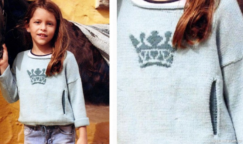 Детский пуловер спицами с прорезными карманами