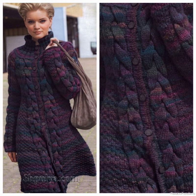 Меланжевое пальто спицами. Описание