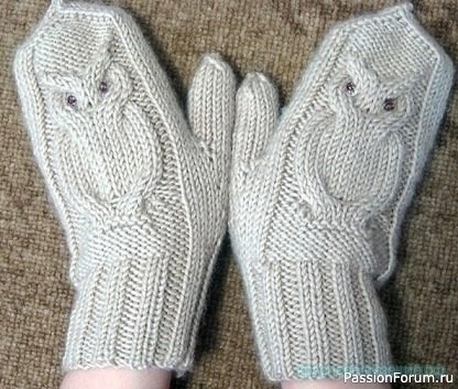 Варежки спицами узором "Сова". Описание