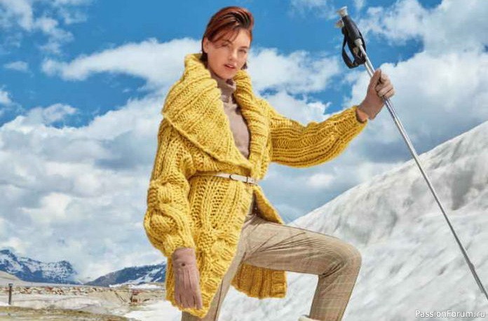 Кардиган на крупных спицах с шалевым воротником