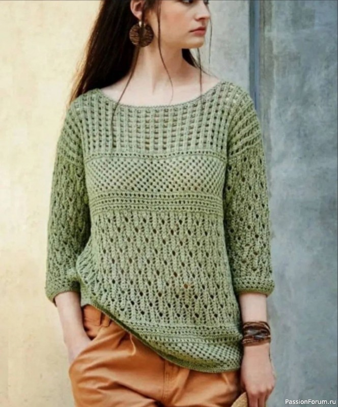 Зелёный ажурный свитер. Описание