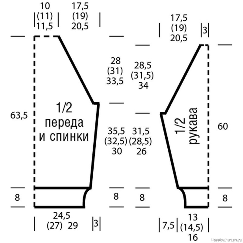 Удлиненный свитер с узором из кос. Схема