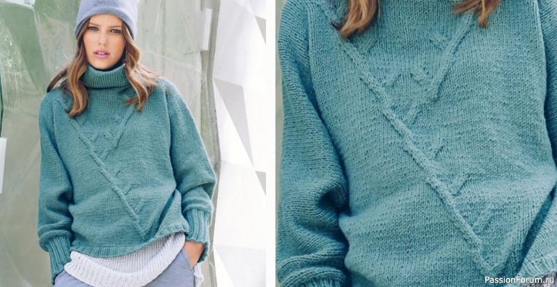 Цельновязаный свитер в спортивном стиле. Схема