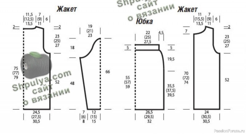 Красный удлиненный жакет и синяя юбка. Схема