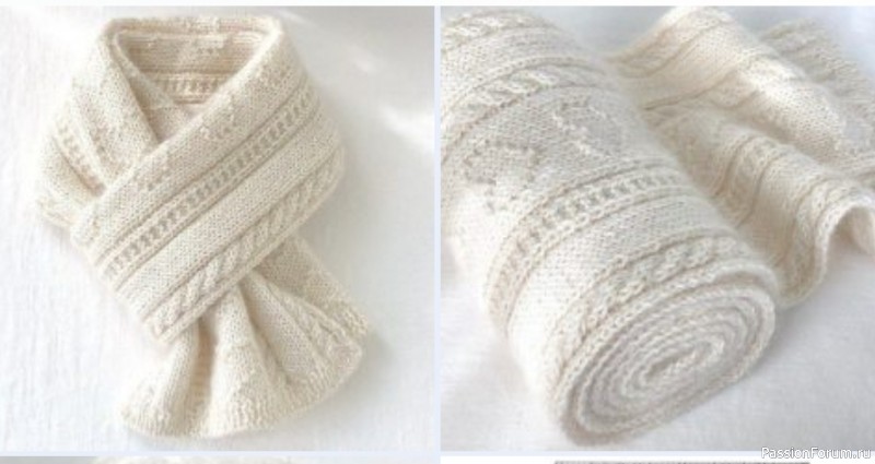 Белый теплый шарф разными узорами. Схема