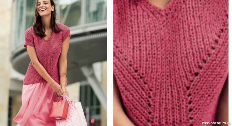 Летний топ спицами с V-образным вырезом и акцентным узором