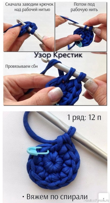 Синяя вязаная сумка-шопер. МК