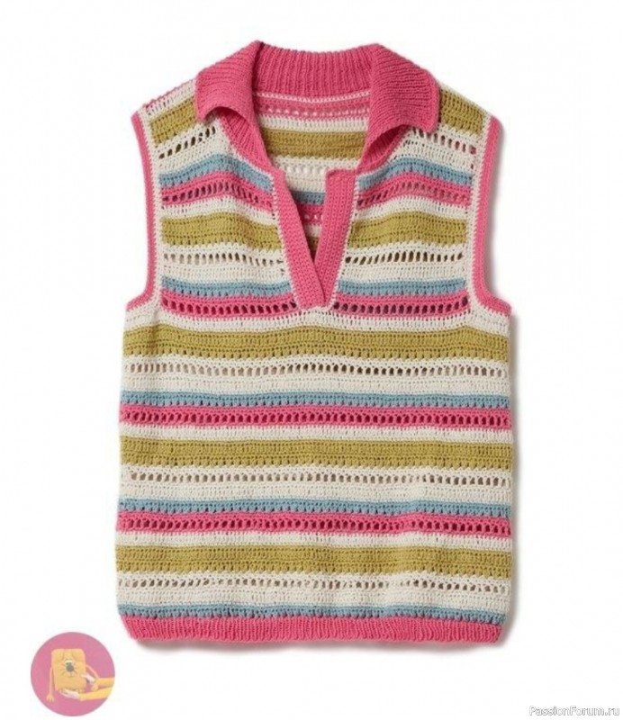 Вязаный жилет с воротником-поло. Описание