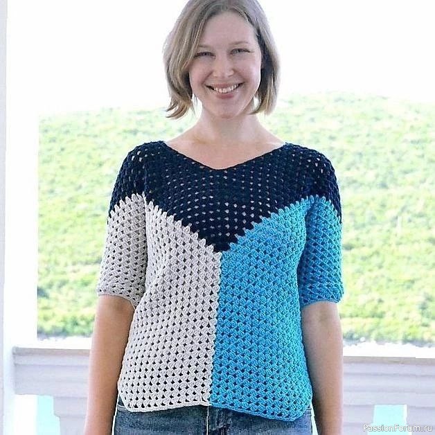 Трехцветный джемпер крючком. Схемы