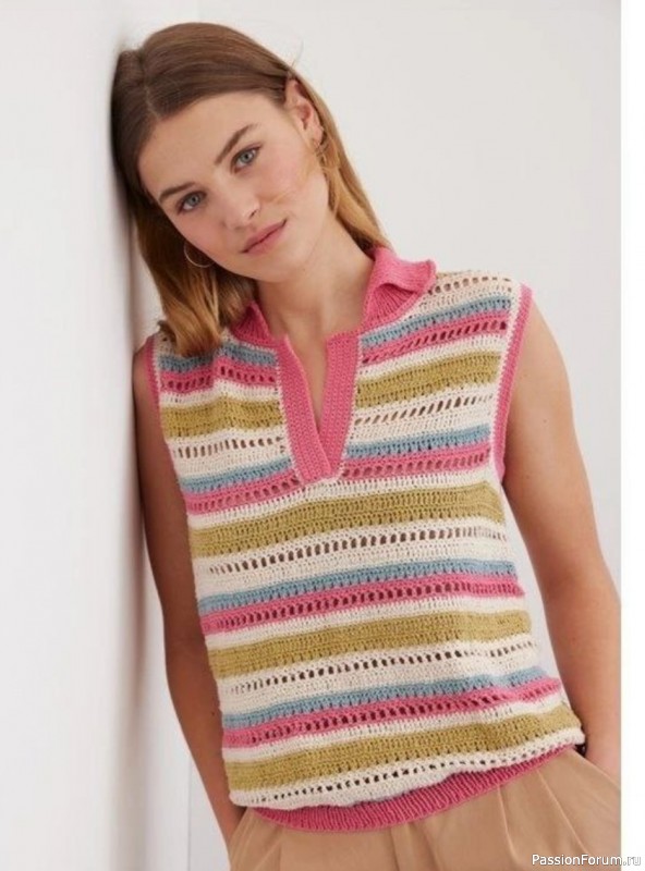 Вязаный жилет с воротником-поло. Описание