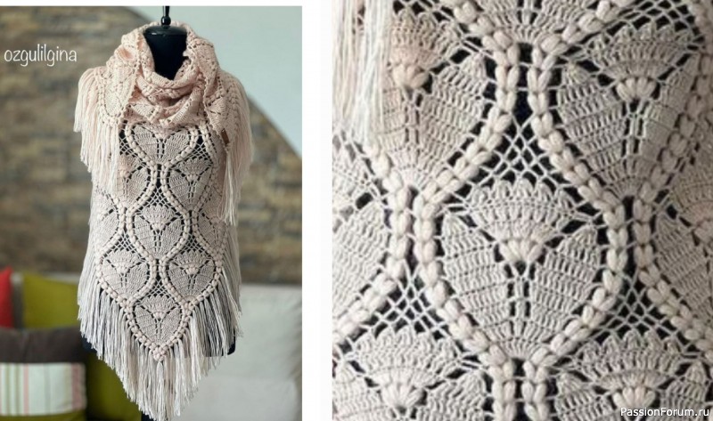 Шарф-кимоно с ажурными сердечками и бахромой