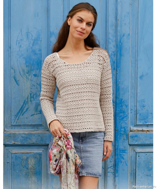 Летний джемпер крючком светло-бежевый
