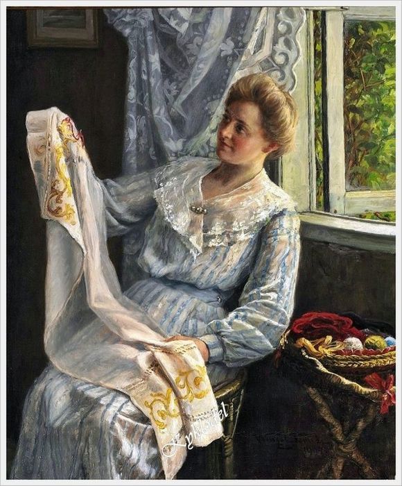 Wenzel Tornoe (Danish, 1844-1907) - Young woman at her needlework (580x700, 96Kb)