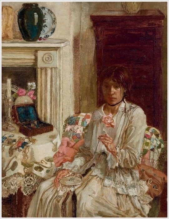 Noel Laura Nisbet (England, 1887 - 1956) Self-portrait, sewing in an interior at Bath Cottage 1918 (540x700, 163Kb)