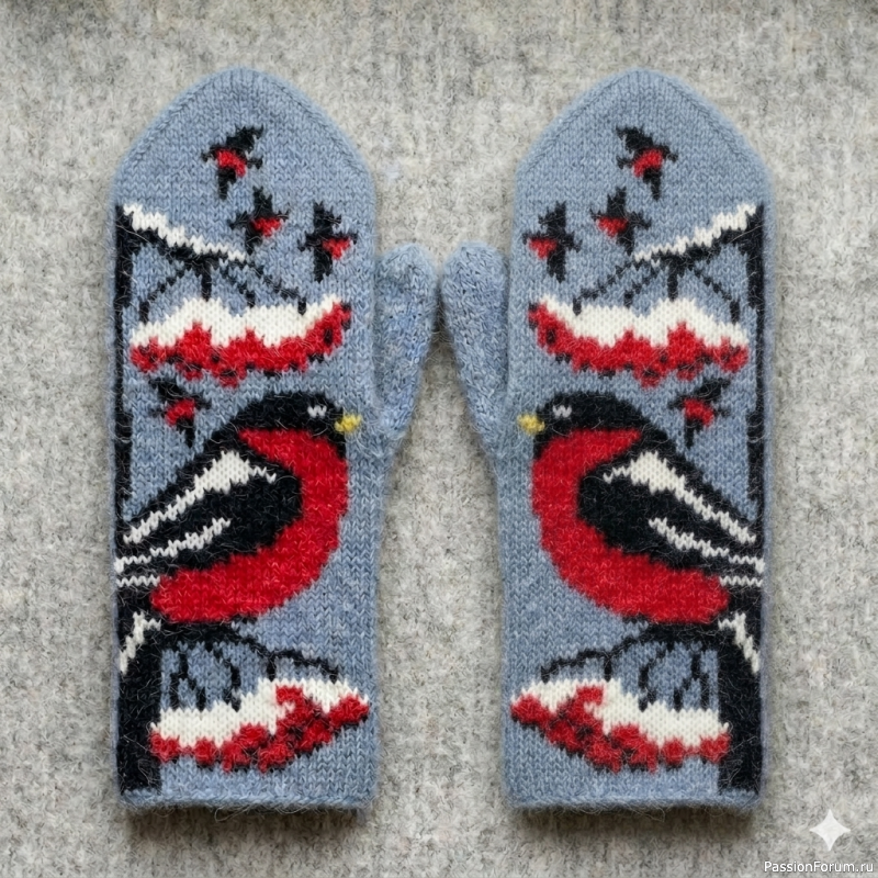 Варежки &laquo;Снегири и рябина&raquo;. Трехниточный жаккард