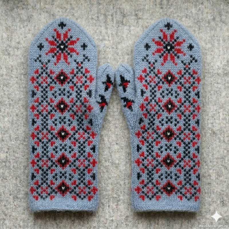 Варежки &laquo;Снегири и рябина&raquo;. Трехниточный жаккард