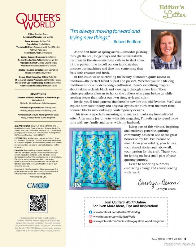 Коллекция проектов для рукодельниц в журнале «Quilter's World - Spring 2026»