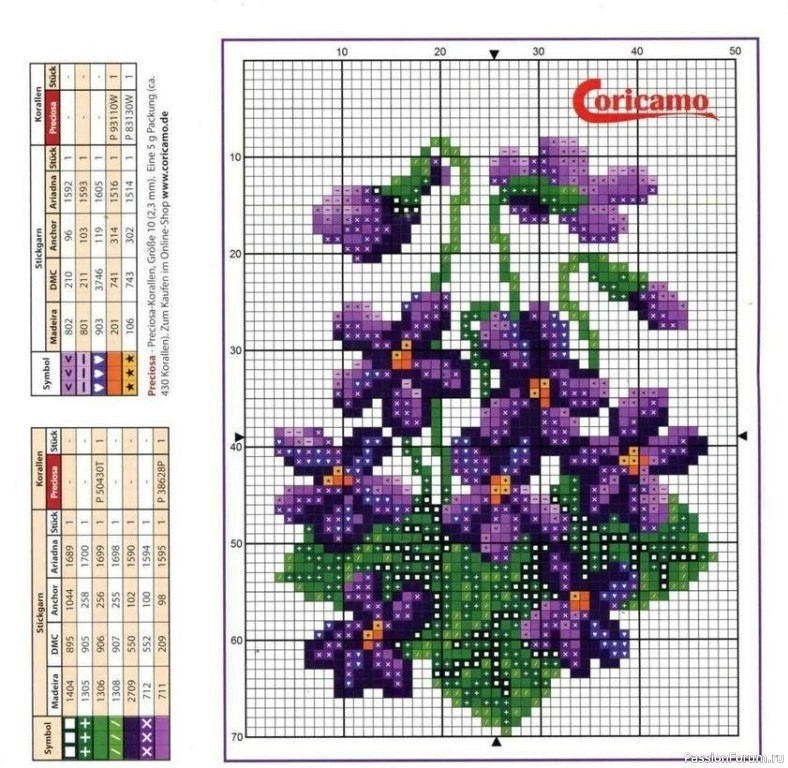 Фиалки. Вышивка крестиком. Схемы