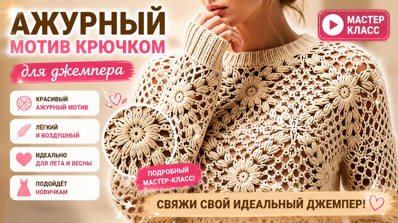 Ажурный мотив крючком для джемпера | Красивый мотив для кофточки, топа и кардигана