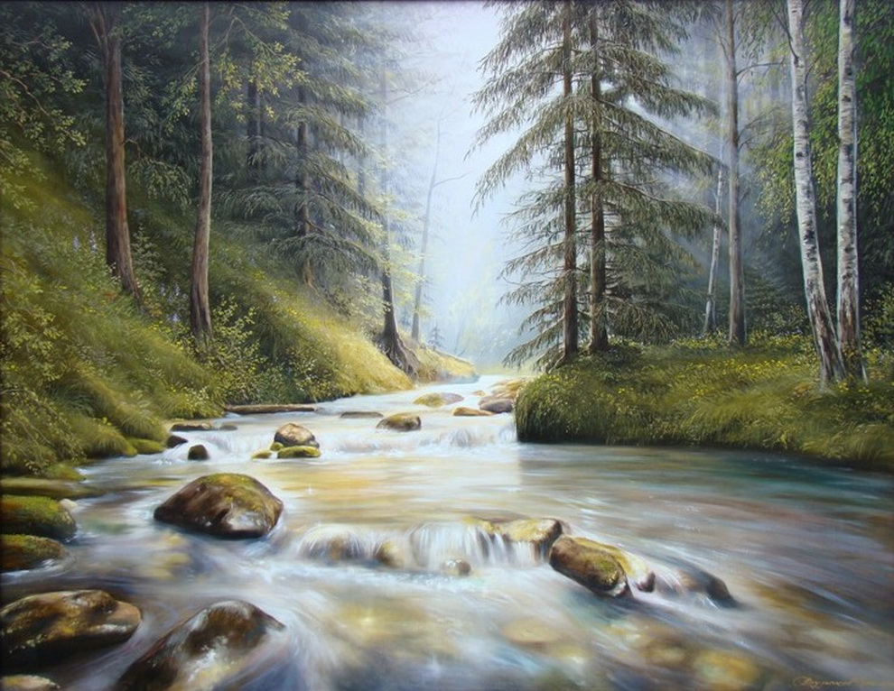 Рисунок леса реки. Картина природа. Пейзажи природы картины художников.