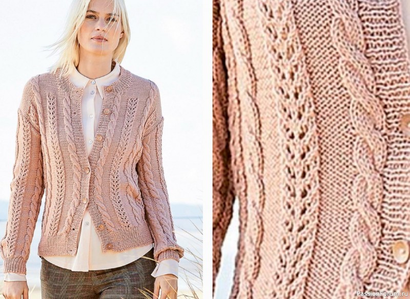 Розовый жакет узором "косы"