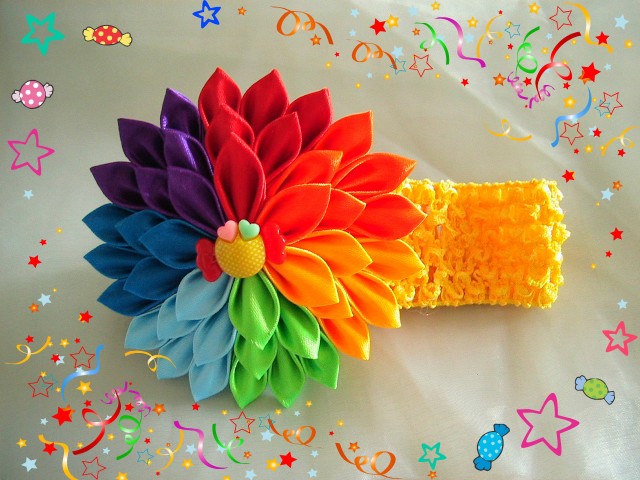 Радужная повязка канзаши/Rainbow headband/Tutorial