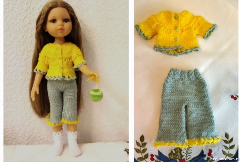 Ночная пижамка для Паолы (рост 32 см), связанная спицами