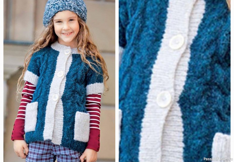 Детский жилет спицами с карманами и контрастной планкой