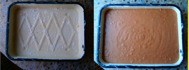 Смазать форму сливочным маслом и посыпать немного мукой,выливаем туда тесто и в духовку.В такой форме он получается большой,я разрезаю его пополам,потом вдоль каждую половинку,каждый пласт промазываю кремом и соединяю в один. Смазать форму сливочным маслом и посыпать немного мукой,выливаем туда тесто и в духовку.В такой форме он получается большой,я разрезаю его пополам,потом вдоль каждую половинку,каждый пласт промазываю кремом и соединяю в один.