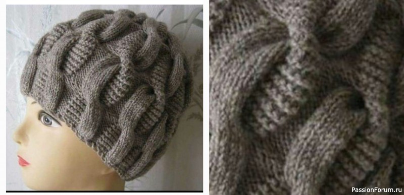 Шапочка спицами с узором &quot;Жгут Змейка&quot;