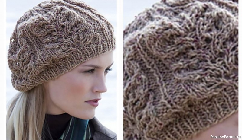Берет спицами с узором из лиственных мотивов