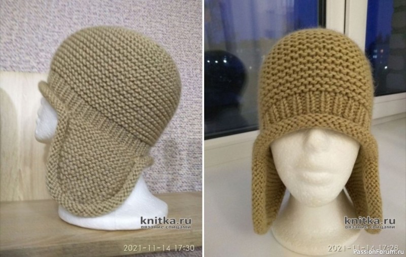 Простая шапка-ушанка спицами платочной вязкой