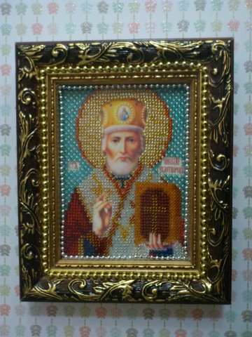 Икона . Николай чудотворец вышитая бисером