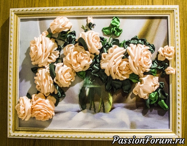 Картина "Чайные розы"!!! Вышивка лентами.