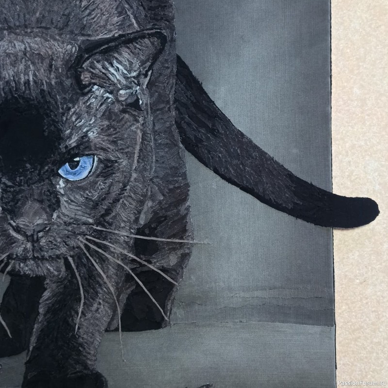 Картина из джинсовой ткани "Черный кот"