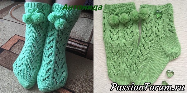 Носочки с ажурным узором елочка. Связаны спицами. Схема. Пинетки.