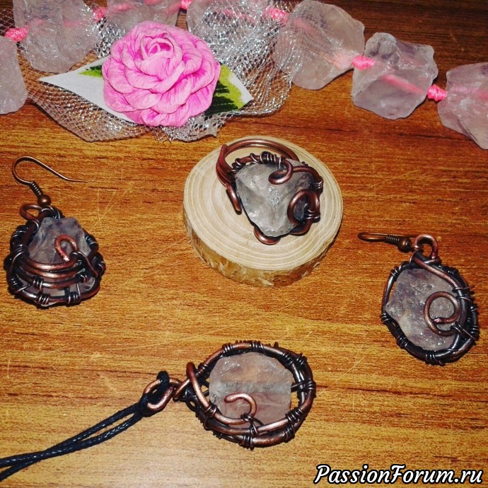 розовый кварц, серьги, кольцо, кулон розовый кварц, серьги, кольцо, кулон